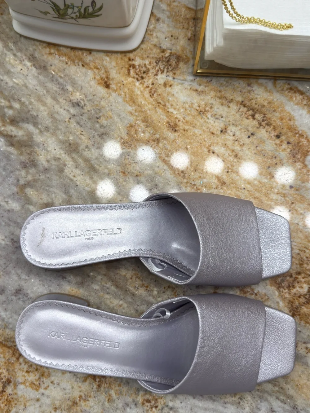 Karl Lagerfeld Light Lavender Silver-Tone Mule Heels